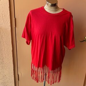 Gildan Red Short Sleeve Fringe Hem Tee